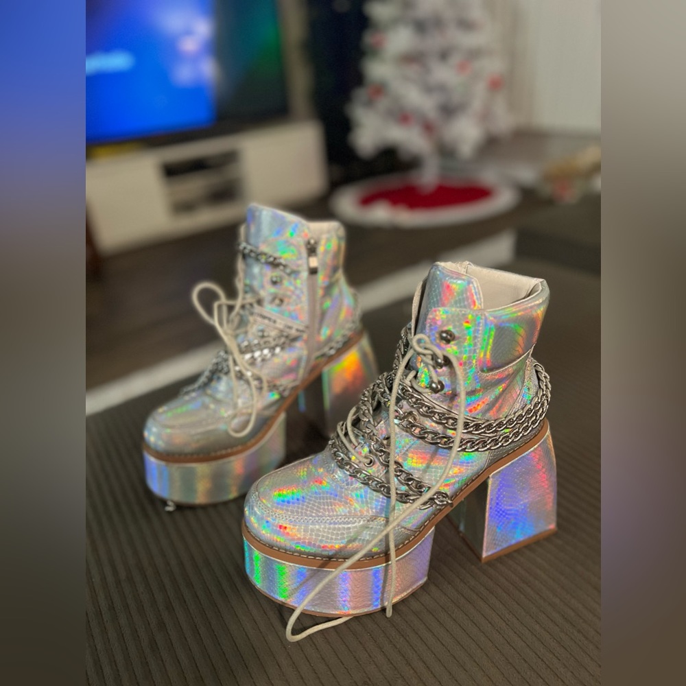 Dollskill Size 8 Holographic Platform Boots - USED